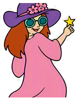 Krazy Stitcher mascot standing with star held high
