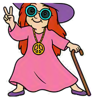 Krazy Stitcher mascot with peace sign, leaning on cane