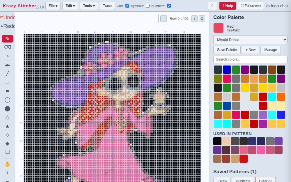 The Krazy Stitcher pattern editor showing a colorful loom pattern, the toolbar, and the color palette panel