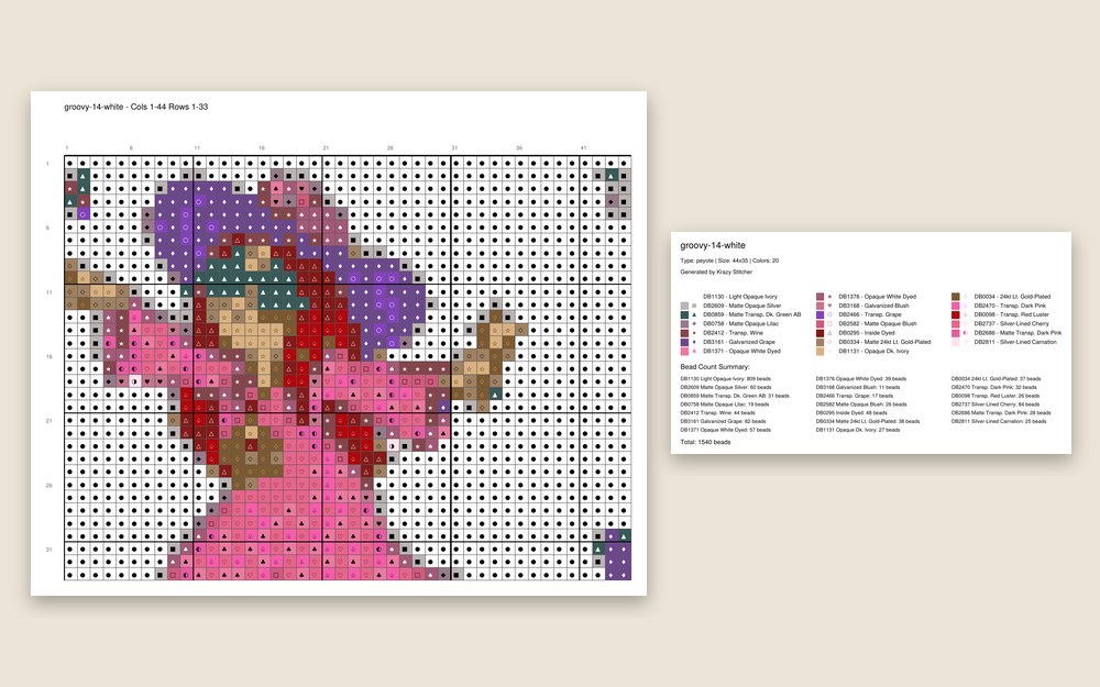 An exported PDF pattern: the symbol bead chart on one page, and the color legend with bead counts on the next